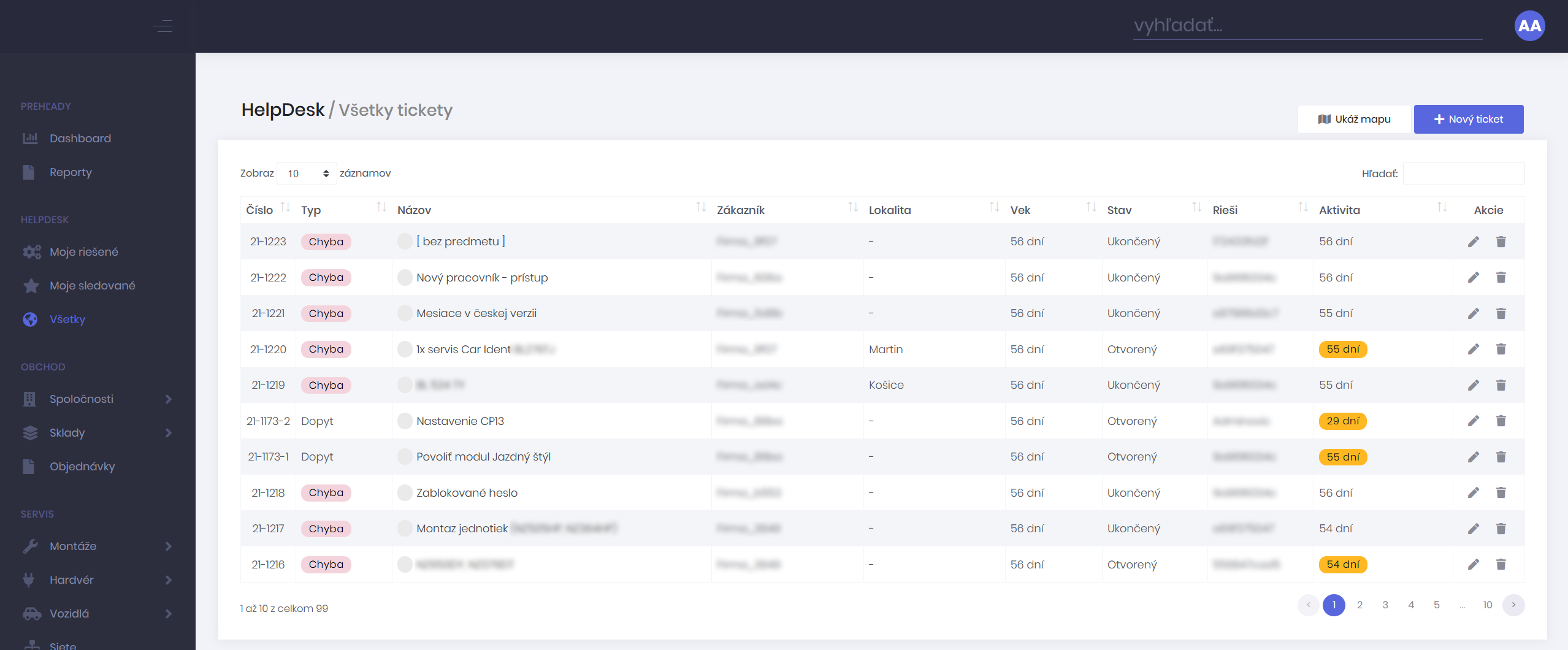 Helpdesk ticket list with ticket type, customer, location, state, assignee and activity columns